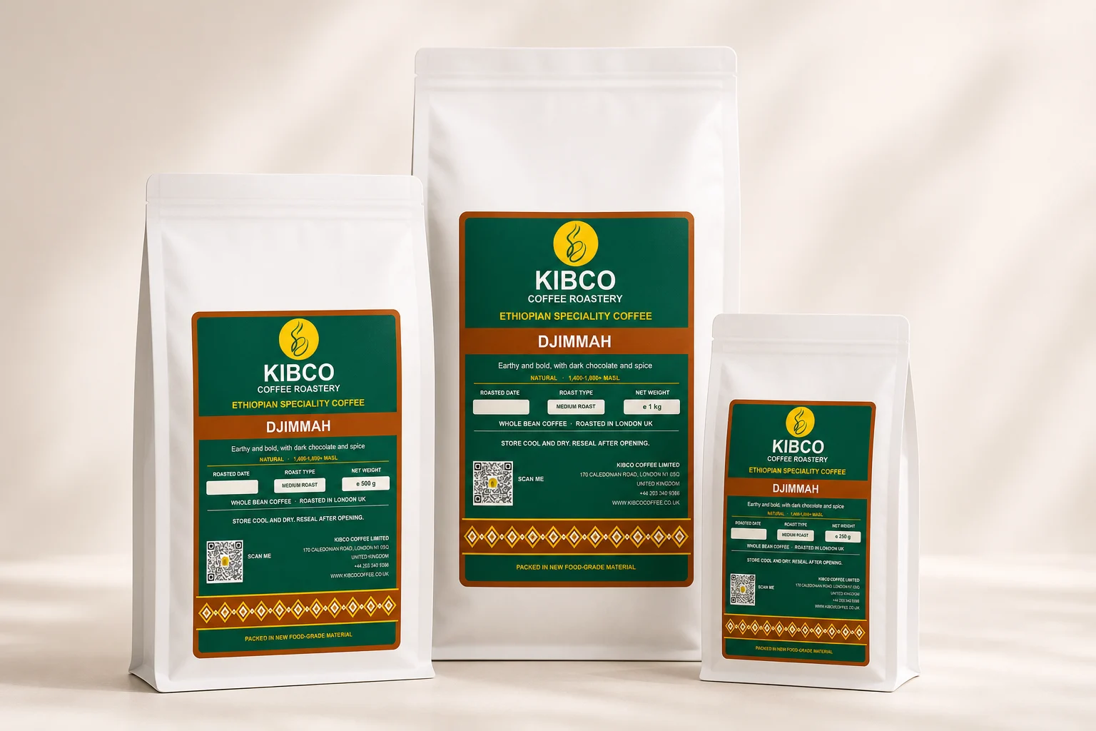 Djimmah coffee in KIBCO's three retail bag sizes
