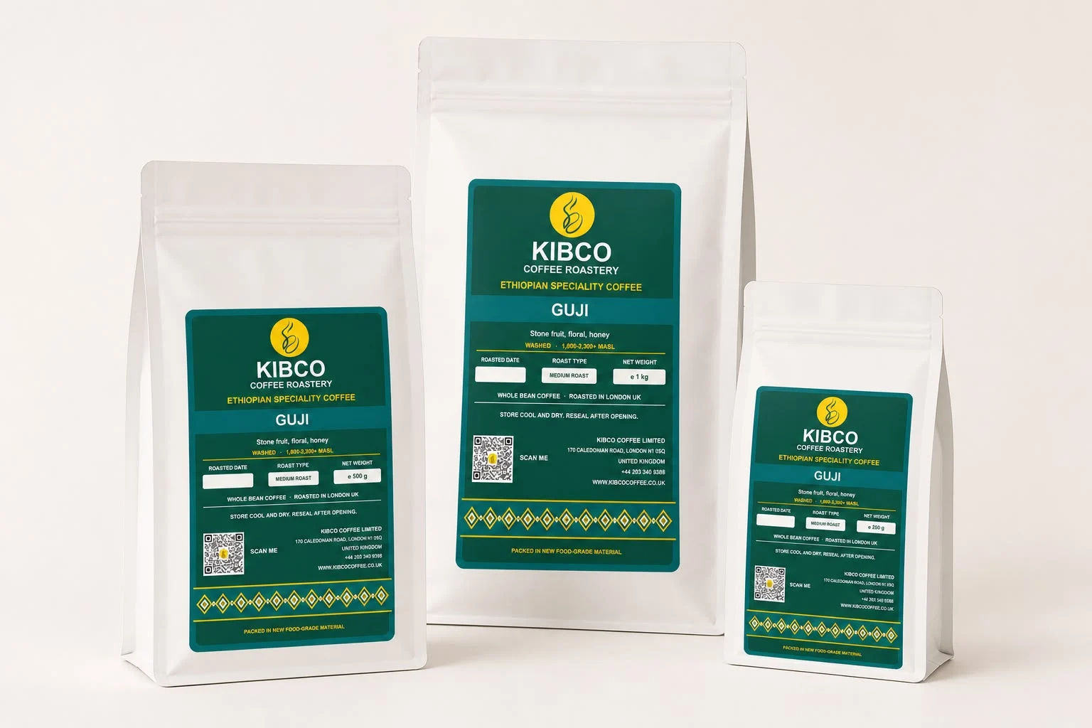 Guji coffee in KIBCO's three retail bag sizes