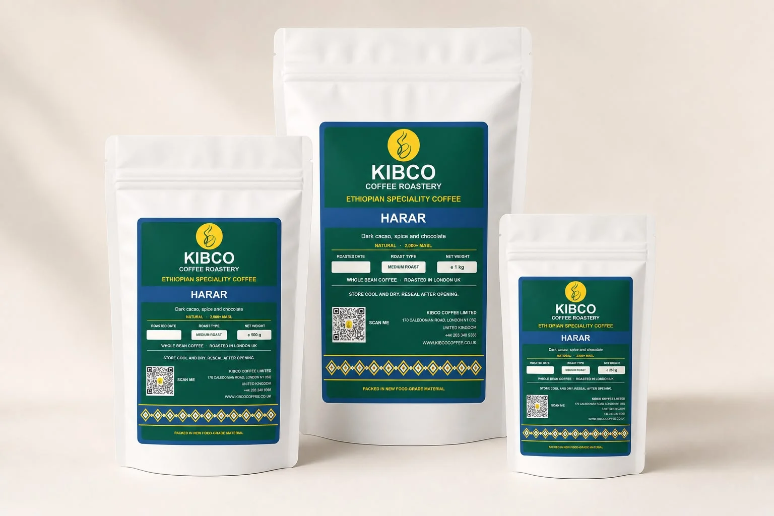 Harar coffee in KIBCO's three retail bag sizes