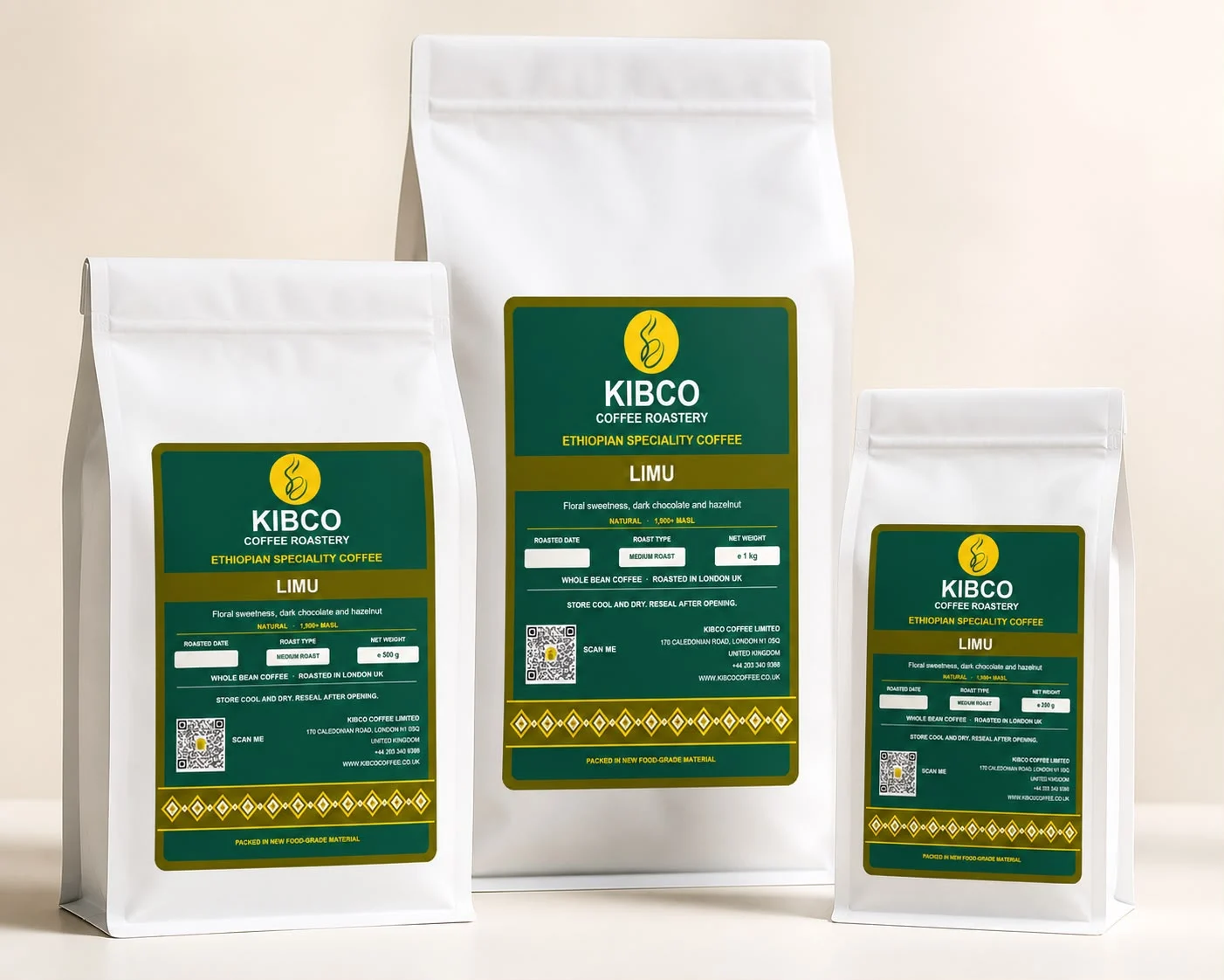 Limu coffee in KIBCO's three retail bag sizes