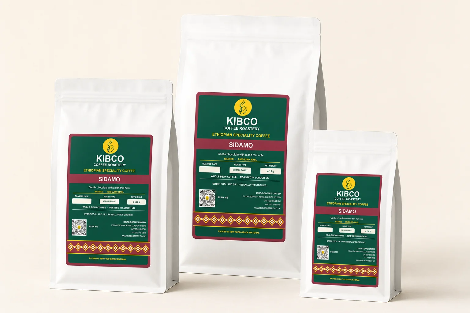 Sidamo coffee in KIBCO's three retail bag sizes