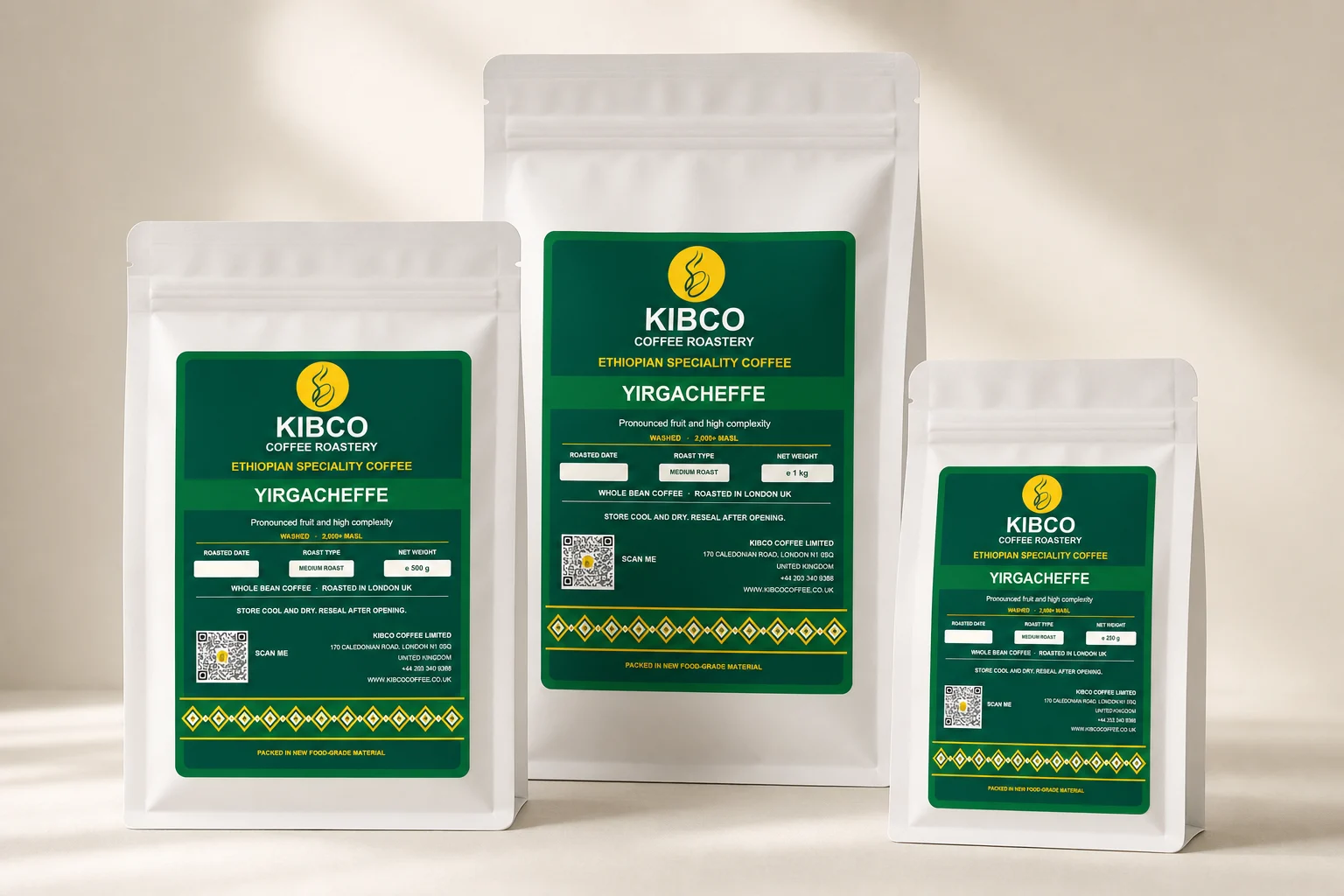 Yirgacheffe coffee in KIBCO's three retail bag sizes